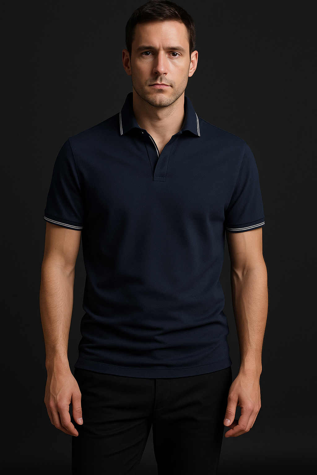 Clarey Hampton Tipped-Collar Polo — Navy Pima-Cotton Piqué