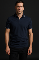 Clarey Hampton Tipped-Collar Polo — Navy Pima-Cotton Piqué