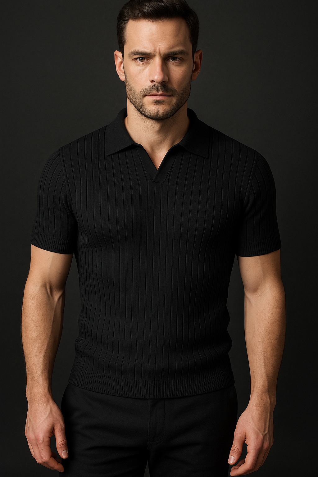 Clarey Bond Knit Polo — Black Milano-Rib Cotton-Silk