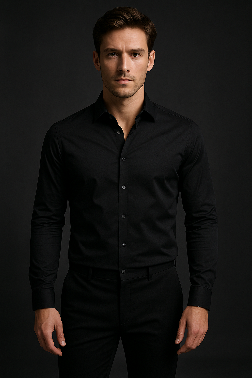Clarey City Satin Shirt — Jet-Black Cotton-Silk Stretch