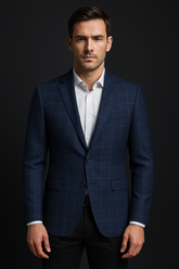 Clarey Kensington Windowpane Blazer – Navy Wool-Linen Twill